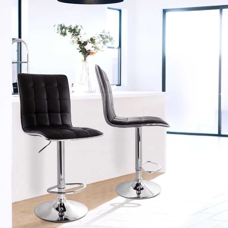 Orren Ellis 2 Piece Adjustable Tufted Faux Leather Bar Stool In Black With Chrome Base Wayfair